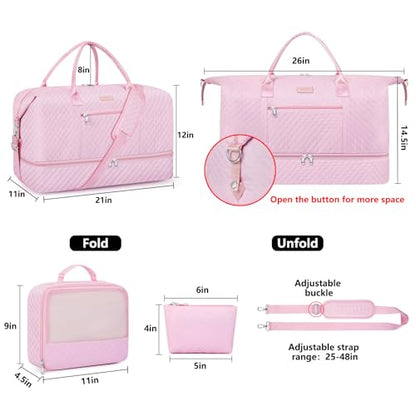 ITIEZY Weekender Overnight Bag for Women - Large Travel Duffel Bag with Shoe Compartment, Gym Duffel Bag Hospital Bag Carry On Tote Bags for Airplanes with Crossbody Bag Toiletry Bag 3Pcs Set - color: 9a-Pink
