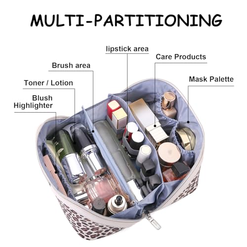 BOYATU Travel Makeup Bag Organizer: 3 Pcs Set Leopard Make up Bag for Women | Vegan Leather Cosmetic Bags with Compartments - Waterproof Toiletry Bag - 180° Open-Flat Make up Case for 3-15 Day Trips - color: 02-Beige