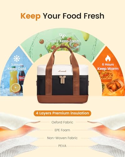 LOVEVOOK Insulated Lunch Box for Women Men, Reusable Lunch Bag with Large Capacity, Leakproof Cooler Lunch Tote for Work, Office, Outdoor Use, Black-beige-brown - color: Black-beige-brown, size: Medium