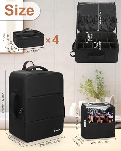 Relavel Makeup Backpack with Makeup Brush Case, Extra Large Travel Train Case Professional Artist Kit Set Bag with 4 Clear Bags, Brush Storage Organizer Box for Cosmetic Hair Tools, Black - color: Black with brush case