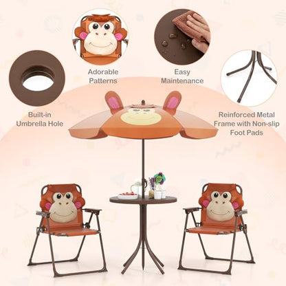 HONEY JOY Kids Picnic Table, Animal Themed Toddler Outdoor Table and Chair Set, 2 Folding Chairs & Removable Umbrella, Children Outdoor Furniture for Backyard Patio Garden (Brown Monkey) - color: Brown Monkey