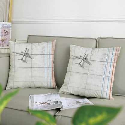 Vinatge Airport Airplane Pillow Covers 16x16 Set of 2, Comfy Simple Plain Printing Velvet Pillow Cases Kit with Zipper, Airline Pattern Decor Sofa Living Room - size: 16" x 16" (Pack of 2)