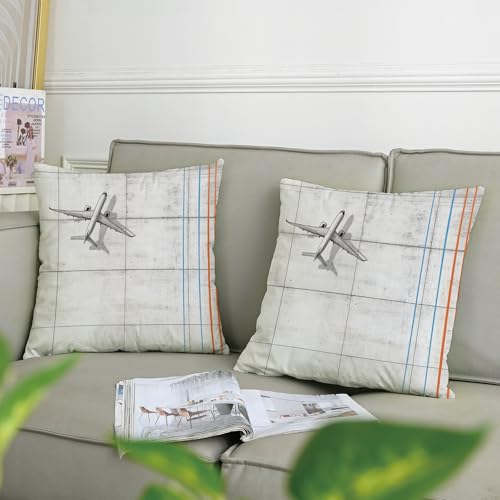 Vinatge Airport Airplane Pillow Covers 18x18 Set of 2, Comfy Simple Plain Printing Velvet Pillow Cases Kit with Zipper, Airline Pattern Decor Sofa Living Room - size: 18" x 18" (Pack of 2)