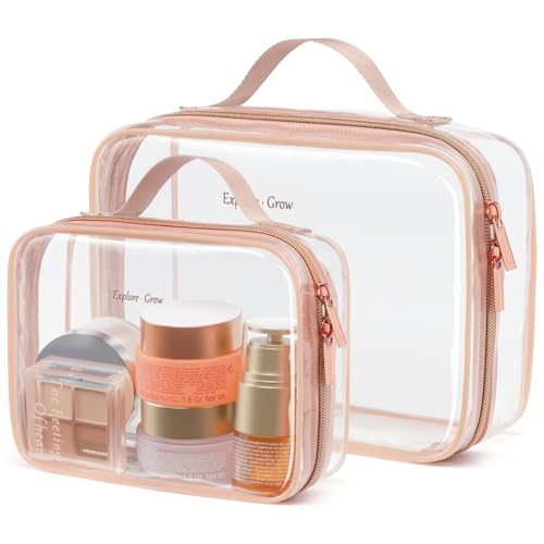 PACKISM Clear Makeup Bag Combo Pack, 1 TSA Approved Medium & Large for Checked Luggage, Clear Toiletry Bag with Handle, Water-resistant Travel Essentials Organizer, Rose Pink - color: 01 Elegant Rose Pink, size: Full Vacation (Mixed Sizes)