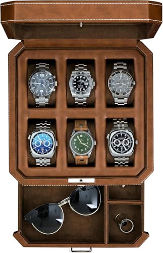 ROTHWELL 6 Slot Leather Watch Box with Valet Drawer - Luxury Case Display Organizer, Microsuede Liner, Locking Mens Jewelry Watches Holder, Men's Watch Storage Large Glass Top (Tan/Brown) - color: 6 Slot - Tan / Brown