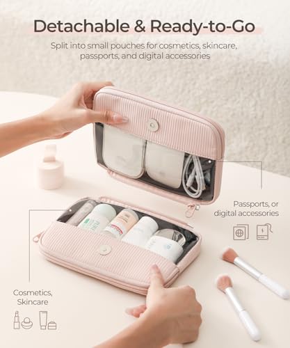 Preppy Makeup Bag, Rectangle Double Detachable Cosmetic Organizer, Clear Side Panel Portable Travel Pouches for In-Flight Essentials, Beauty & Tech Accessories, Gift for Women - color: Pink