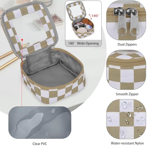 DOB SECHS Mini Checkered Bag for Purse 5.1'' x 5.1'' Small Makeup Bag for Car Cute Clear Cosmetic Bags with Zipper, Tiny Toiletry Bag Lipstick Organizer Pouch Travel Essentials Storage Pouch, Khaki - color: Khaki