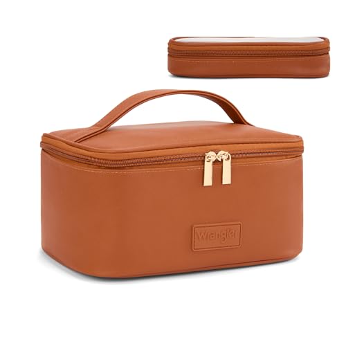 Montana West X Wrangler Travel Makeup Bag 2pcs Set Large Cosmetic Bag with Makeup Brush Holder Portable Make Up Organizer Cute Toiletry Bag with Divider and Handle for Women - color: Light Brown