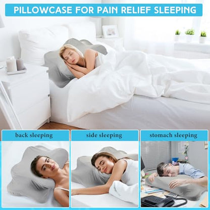 Hahafelt Cooling Cervical Neck Pillowcase Cover (Only Pillow Case) Ergonomic Pillowcase with Zipper Breathable Contour Pillow Cover for Side Back Stomach Sleepers(Gray,Queen Size) - color: Gray, size: Queen