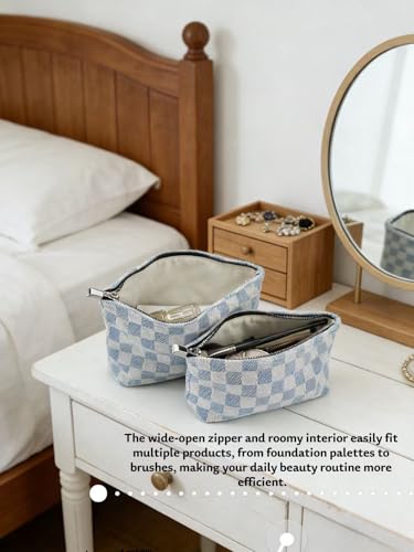2-Pack Blue & White Checkered Makeup Bag Set - Large Capacity Cosmetic Organizer Pouch | Travel Toiletry Bag & Purse Organizer for Women Girls - color: C01-LANGEZI