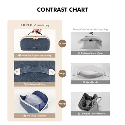 Prite Makeup Bag for Women Travel Waterproof Vegan Leather Cosmetic Bag Open Flat Toiletry Bag With Clear Divider and Handle (Blue Flower, Medium) - color: Blue Flower, size: Medium