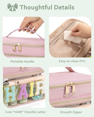 Fasrom Double Layer Hair Accessories Organizer, Preppy Patch Makeup Bag with HAIR Chenille Letter, Portable Travel Cosmetic Pouch Clear Toiletry Case for Women Girl, Pink(Bag Only, Patent Design) - color: Pink