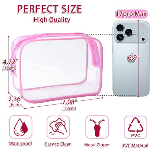 12 Pieces Clear Makeup Bags Bulk, TSA Approved Toiletry Bag PVC Cosmetic Toiletries Pouch with Zipper, Waterproof Vinyl Plastic Organizer Case for Carry-on Travel Essentials (Pink Medium) - color: 12 Medium Pink