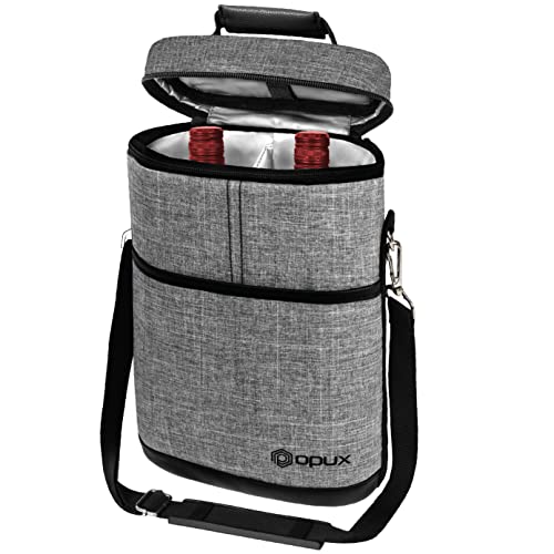 opux 2 Bottle Wine Carrier Tote, Insulated Leakproof Wine Cooler Bag, Wine Travel Bag for Picnic BYOB Beach, Portable Wine Bottle Carrying Case, Gift for Wine Lover Women Men Christmas, Heather Grey - color: Heather Gray