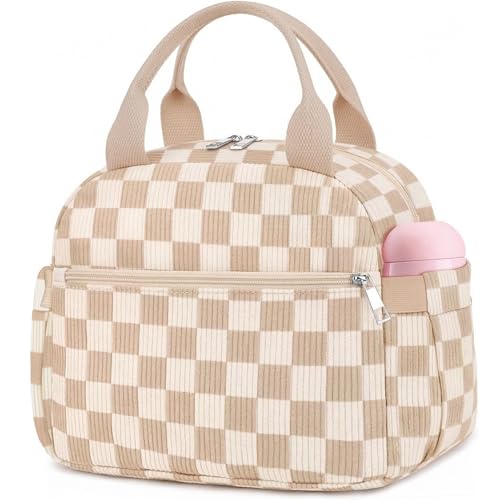 KUBYA Lunch Box for Women, Cute Corduroy Insulated Lunch Bag Women Reusable Work Simple Adults Large Lunch Boxes Tote Bag Men Cooler Bag - color: B-B-Corduroy Brown Girds, size: Medium - 10L