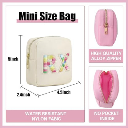 uekeboag Personalized Small Nylon Rx Cosmetic Bag, Cute Chenille Letter Patch Medicine Drug Pouch with Zipper,Preppy Makeup Travel Vitamin Bag for Women and Girls（01Sand） - color: 01Sand
