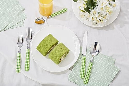 ANNOVA Silverware Set Stainless Steel Colorful Tableware Kitchen Flatware Set Utensils, Includes Dinner Knives, Forks, Spoons, Salad Forks & Dessert Spoons (Green/Checkered, 20 Pieces) - color: Green