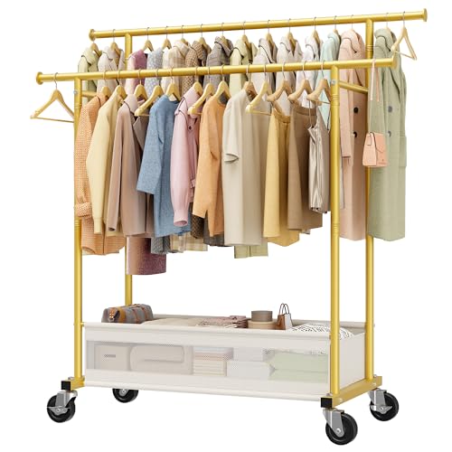 Clothes Rack, Double Rods Clothing Rack, Clothing Racks for Hanging Clothes, Rolling Clothes Rack with Storage Basket & Heavy Duty Wheels, Garment Rack for Bedroom, Laundry Room, Gold - color: Gold