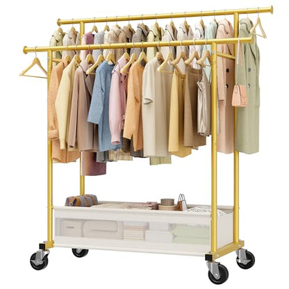 Clothes Rack, Double Rods Clothing Rack, Clothing Racks for Hanging Clothes, Rolling Clothes Rack with Storage Basket & Heavy Duty Wheels, Garment Rack for Bedroom, Laundry Room, Gold - color: Gold