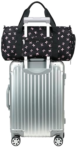 Gym Bag Sports Duffle Bag with Wet Pocket Weekender Overnight Bag with Waterproof Shoe Compartment for Girls Kids Women Travel Dance Yoga Workout Bag (Bow Pink-Black) - color: Bow Pink-Black
