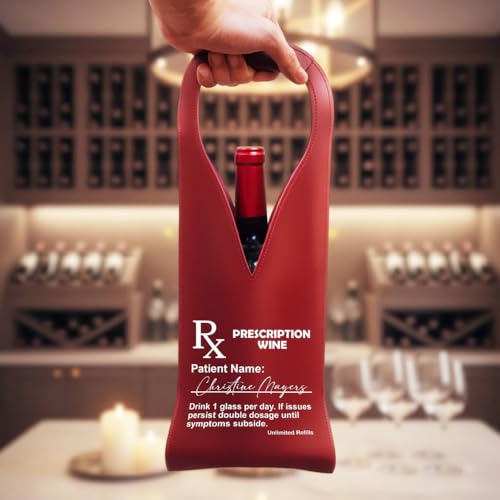 Prescription Wine Funny Drink 1 Glass Per Day - For Him, Her - Personalized Leather Wine Bag, Custom PU Leather Wine Bottle Carrier Gift for Him Her, Funny Wine Gift Idea for Parties Travel
