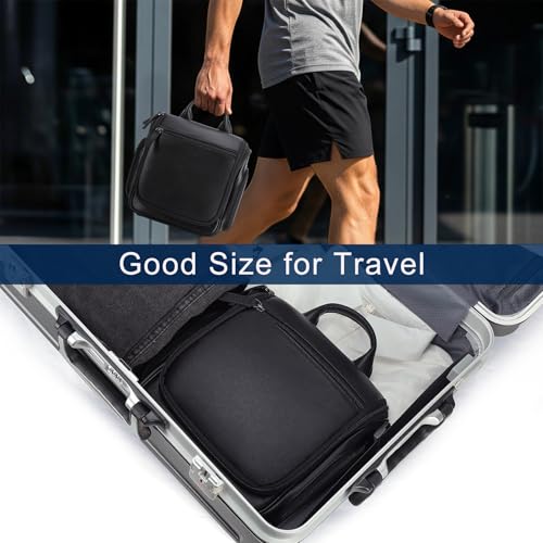Masa Kawa Leather Hanging Travel Toiletry Bag for Men Portable Expandable Camping Cosmetics Makeup Toiletries Organizer Waterproof Bathroom Shaving Kit Black Wash Bags - color: Black