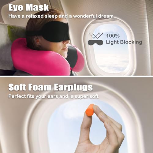 Travel Pillow, Memory Foam Neck Pillow for Traveling, U Shape Neck Pillow Airplane Portable Flight Pillow Travel Kit with 5D Contoured Eye Masks and Earplug for Plane Train Car Home Office - color: Dark Pink