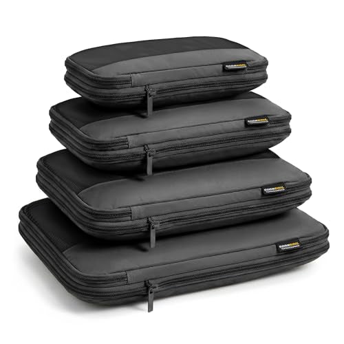 4 Piece Compression Packing Cubes for 3–7 Day Travel, Jet Black | Wrinkle-Resistant Memory Fabric, Breathable Mesh Panel, Double-Zipper, Small to Large Size Bag, Smart Organization - color: Jet Black