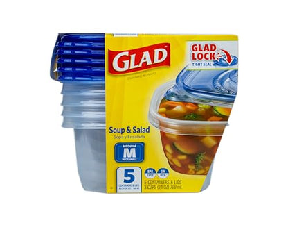 Glad GladWare Medium Rectangle Food Storage Containers with Lids, BPA Free Plastic for Soups Salads and Meal Prep, Airtight Leak Resistant, Microwave Dishwasher Freezer Safe, 24 Oz, 5 Count - 6 Pack - size: 24 oz - 30 Ct, style: Rectangle