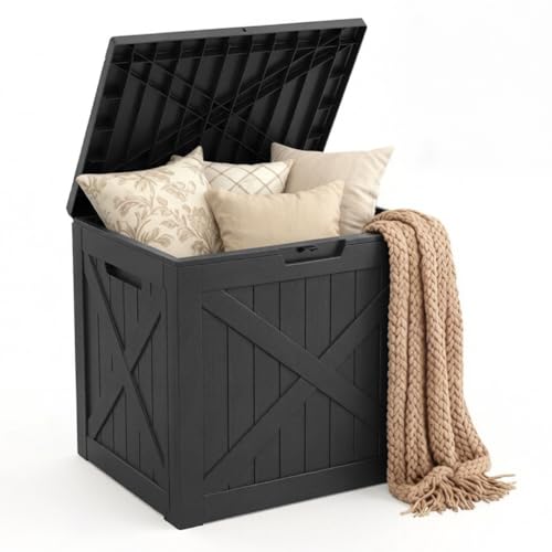 Mars Villa 31 Gallon Barn Style Deck Box, Outdoor Storage Box Waterproof, Lockable Lid, Weatherproof and UV Resistant Resin Storage Bin for Patio Furniture Cushions, Pool Supplies, Garden Tools, Black - color: Black, size: 31 Gallon Barn
