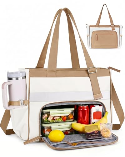 HOMESPON Lunch Bag, 24.5L Large Tote Bag for Women, Laptop Bag Fits 15.6" with Insulated Lunch Compartment & Shoulder Strap, Work Tote for Nurse, Teacher, Office, Commute, Travel, Beige-brown - color: Brown