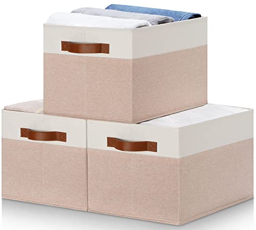 Large Fabric Storage Bins, Foldable Fabric Storage Baskets for Shelves, Sturdy Storage Boxes with PU Handles for Organizing Closet Home Bedroom Office (26L, 3 Packs, Pink&White) - color: White with Pink, size: Large-3pcs