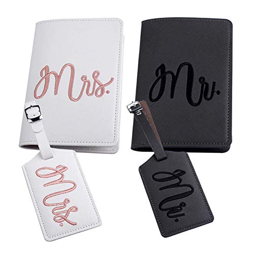 Mr and mrs passport covers and luggage tags gift set，Honeymoon embroidery Travel Luggage Tags Passport Cover for Wedding Bridal Shower Gift - color: Embroidery