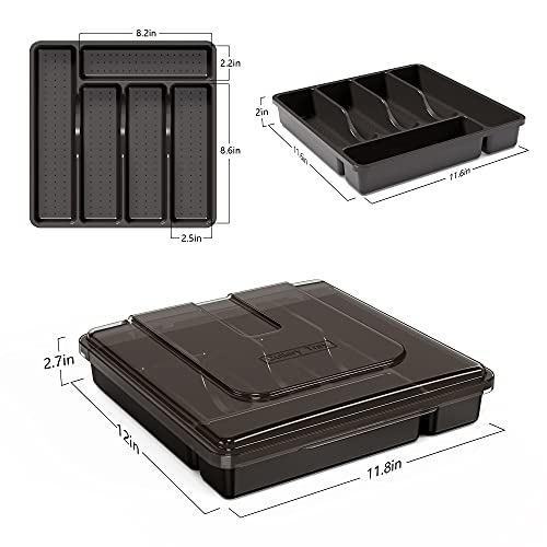 Utensil Holder for Countertop with Lid, Plastic Silverware Tray for Drawer, 5 Compartments Flatware Organizer, Black - color: Black