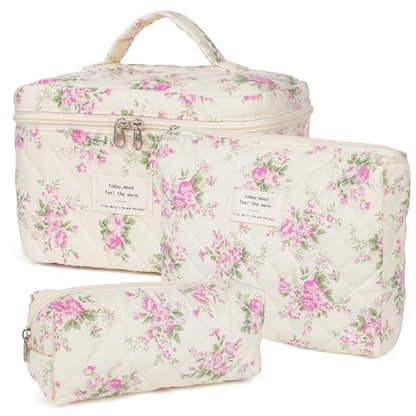 honitty Makeup Bag,Quilted Cosmetic Bags,Large Floral Make Up Organize bag,Makeup Bag Set for Women,Flower Travel Toiletry Bag - color: Pink