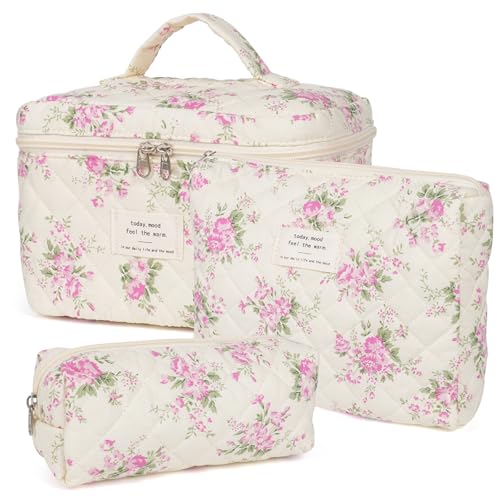 honitty Makeup Bag,Quilted Cosmetic Bags,Large Floral Make Up Organize bag,Makeup Bag Set for Women,Flower Travel Toiletry Bag - color: Pink
