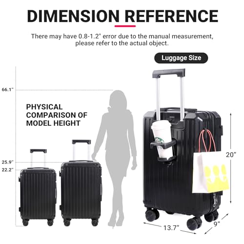 Carry-on Luggage with Cup Holder & USB Charging Port, Hard Side Luggage with Spinner Wheels, Lightweight Luggage for Travel, Business (Black, Carry-On 20-Inch) - color: Black