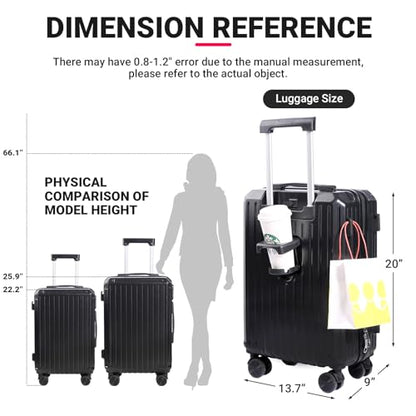 Carry-on Luggage with Cup Holder & USB Charging Port, Hard Side Luggage with Spinner Wheels, Lightweight Luggage for Travel, Business (Black, Carry-On 20-Inch) - color: Black