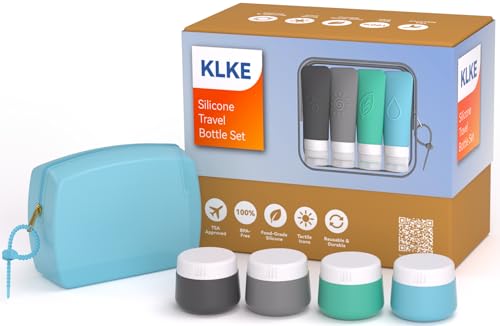 23-Piece All-in-One Silicone Travel Bottles Set – TSA Approved Leakproof Toiletry Kit with Double Bags, Flat Easy-Squeeze Bottles with Tactile Icons, Cream Jars, Pump & Spray, Cleaning Brush - color: 23A-Blue, size: 23