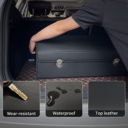Car Trunk Organizer with Lid,Foldable Faux Leather Cargo Storage Box,3 Compartments,Collapsible Multi-Functional for SUV,Sedan,Vehicle Trunk - color: Black, size: Large