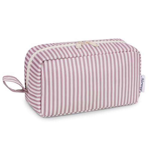 Narwey Cute Makeup Bag Small Toiletry Bag Travel Cosmetic Bag Organizer Make Up Bags with Organized Pockets for Women (Dusty Rose Stripe, Large) - color: AC-Dusty Rose Stripe, size: Large