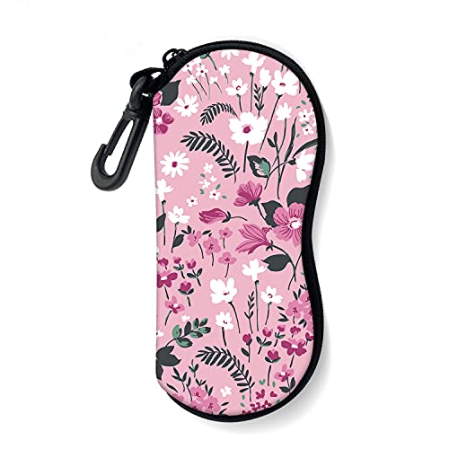 Sunglasses Soft Case with Carabiner Ultra Light Neoprene Zipper Glasses Case - color: Pink Flower