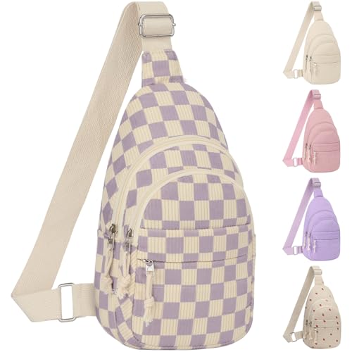 ELONGRIVER Corduroy Small Crossbody Bags for Women Teen Girls Trendy, Cute Sling Bag for Girls Travel Hiking, Checkered Purple - color: Checkered Purple