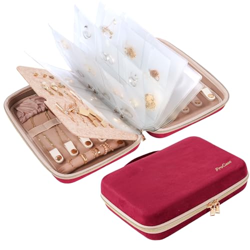 ProCase Extra Large Jewelry Organizer Case, Jewellery Home Storage Book Ring Binder with Clear Pockets for Presentation, Zippered Pouch Bag for Earrings Necklaces Bracelets -Wine - color: Wine, size: Large, Loose-leaf