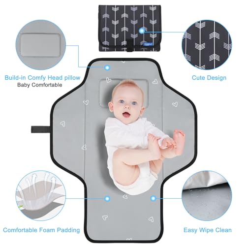 Baby Portable Changing Pad Travel - Waterproof Compact Diaper Changing Mat with Built-in Pillow - Lightweight & Foldable Baby Diaper Changer, Newborn Shower Gifts - color: Black-Arrows