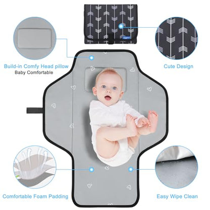Baby Portable Changing Pad Travel - Waterproof Compact Diaper Changing Mat with Built-in Pillow - Lightweight & Foldable Baby Diaper Changer, Newborn Shower Gifts - color: Black-Arrows