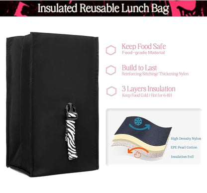 SUNNY BIRD Insulated Lunch Bag Rolltop Lunch Box Tote Bag for Women, Men, Adults and Teens (Black with white strap) - color: Black With White Strap