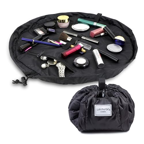 Lay-n-Go Cosmo Layflat Drawstring Cosmetic & Makeup Bag Organizer - Portable Drawstring Bag w/Zipper Pocket, Makeup Loops & More - Durable, Machine Washable Toiletry Bag for Travel (20", Black) - color: Black, size: 20 inch