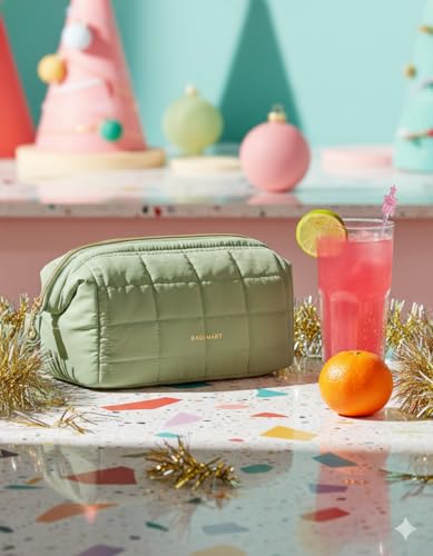 BAGSMART Makeup Bag Travel Cosmetic Bag, Puffy Padded Make Up Bags for Women Makeup Organizer Case, Wide-open Pouch Purse Travel Essentials Toiletries Accessories Brushes, Mossy Green - color: 14-Sage Green