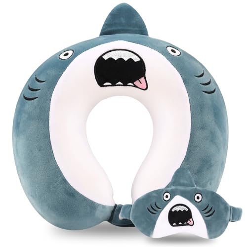 Cute Travel Neck Pillow, Kids Neck Pillow for Travel with Sleep Eye Mask, Memory Foam Cartoon Flight Sleeping Headrest Pillow for Boys & Girls, Train, Car, Airplane, Home Use - Bigmouth Shark - color: Bigmouth Shark